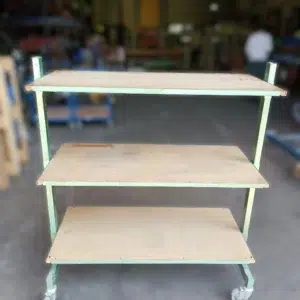Trolley with green metal wheels and wooden shelves- 127 x 60 x 138.5 cm