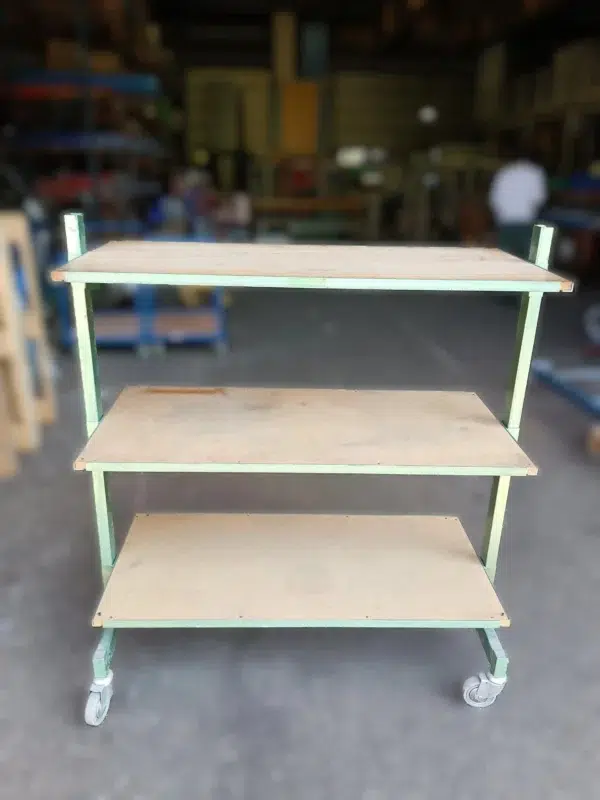 Trolley with green metal wheels and wooden shelves- 127 x 60 x 138.5 cm