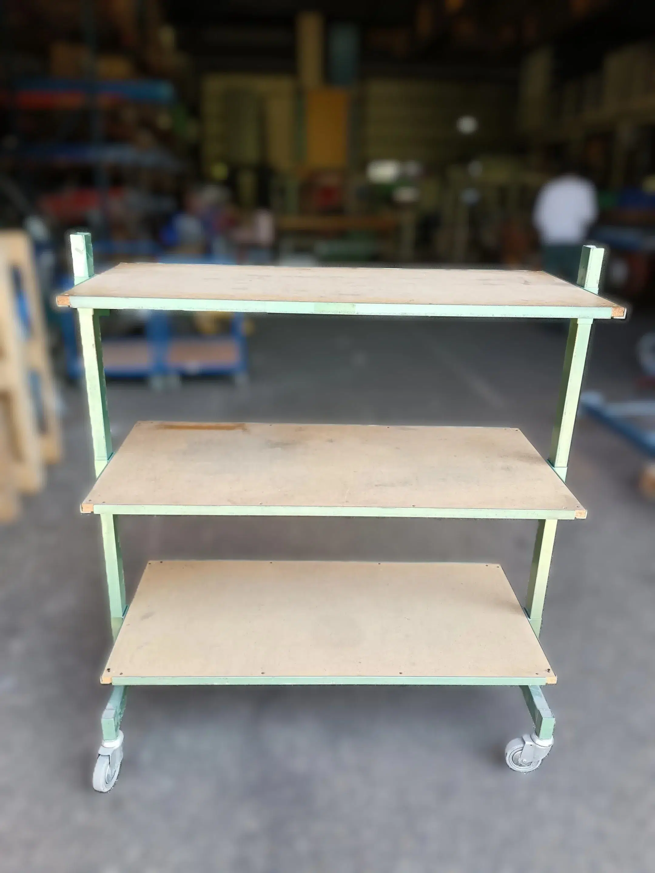 Trolley with green metal wheels and wooden shelves- 127 x 60 x 138.5 cm
