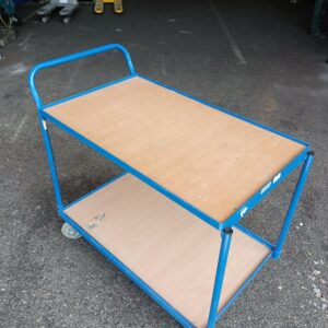 Blue metal and wood 2-level trolley on castors - 100 x 62 x 99 cm