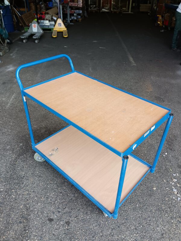 Blue metal and wood 2-level trolley on castors - 100 x 62 x 99 cm