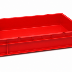 Caisse plastique rouge empilable d’occasion – 60 x 40 x 12 cm
